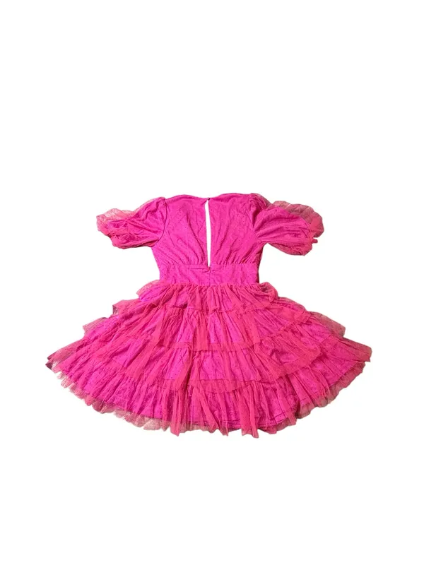 Lulus Dramatic Poise Hot Pink Dot Tulle Tiered Puff Sleeve Mini Dress M - Image 3