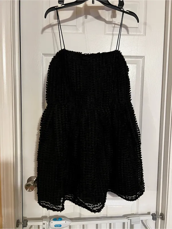 Black Textured Mini Dress with Spaghetti Straps - Image 2