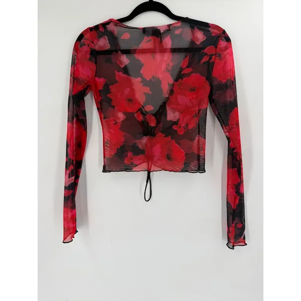 Lioness Mesh Top Women S Red Black Floral Lace Up Grunge Goth‎ Y2K Romantic - Image 4