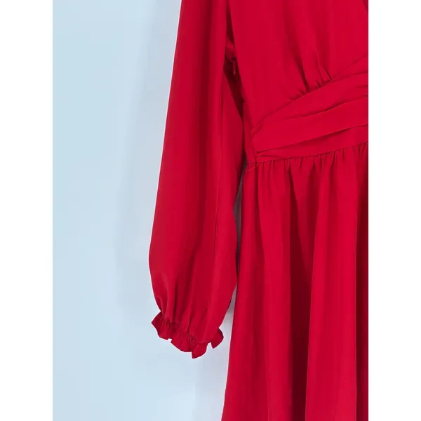 UMENLELE Red Long Sleeve Ruched V Neck‎ Mini Dress Women's Size Medium - Image 5