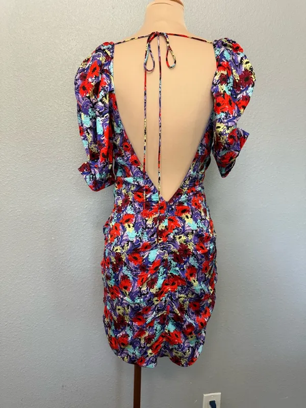 For Love & Lemons Chiara Purple Floral Ruched Puff Sleeve Mini Dress Size Medium - Image 7