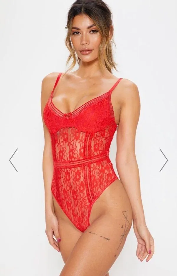 Pretty Little Thing RED LACE CUPPED STRIPE LACE BODY - Image 2