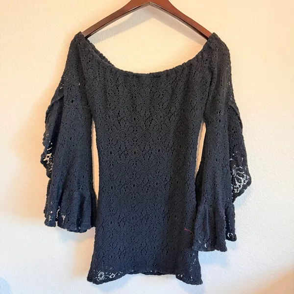 JEN'S PIRATE BOOTY Free People "Bardot" black lace off shoulder mini dress Sz M - Image 8