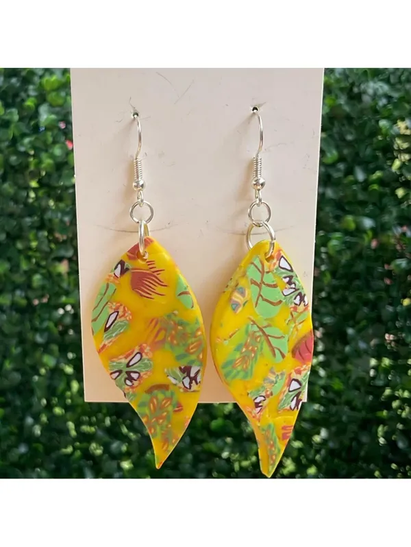 Handmade Polymer Clay Earrings Yellow Tropical Leaf Dangle Statement Jewelry - Image 2