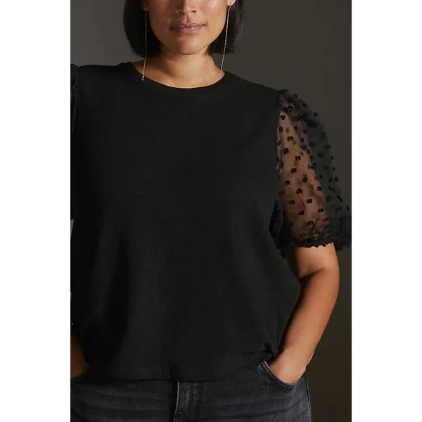 Maeve by Anthropologie Black Peplum Sheer Sleeve Blouse Size Medium - Image 3