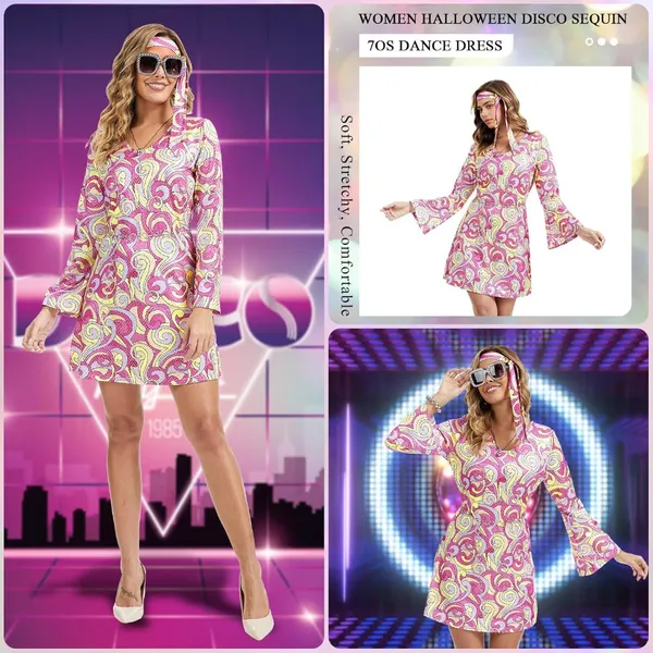 70s Disco Dress Hippie Halloween Costume Women Cosplay 7 pcs Outfit XX-LARGE - Image 4