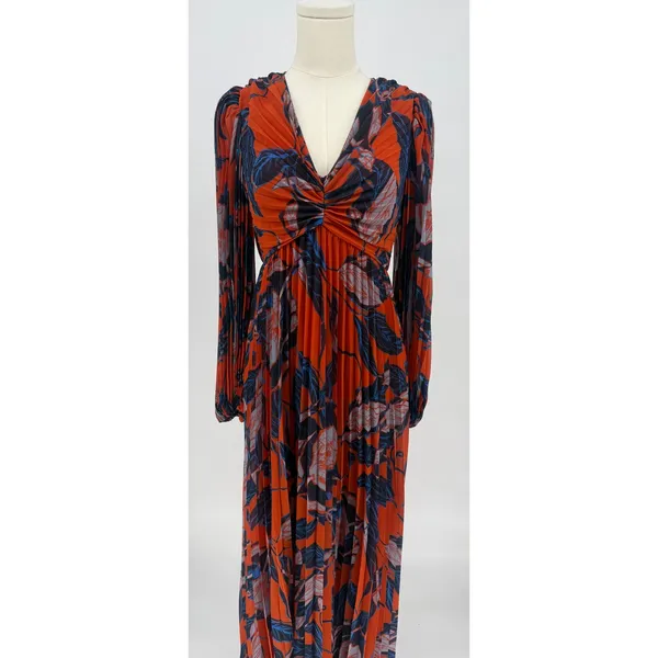 NWT Chelsea28 Floral Print Pleated Long Sleeve Dress Rust Blue Floral Sz XS $149 - Image 7