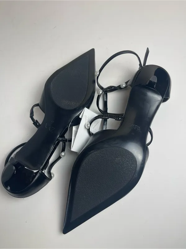 Zara Black Pearl Strappy Kitten Heel Pointed Toe Pumps NWT Size 9 / EUR 40 - Image 9
