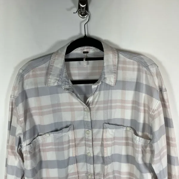 Free People LoveLand Pastel Plaid Button Down‎ Frayed Hem Boho Shirt Small - Image 2