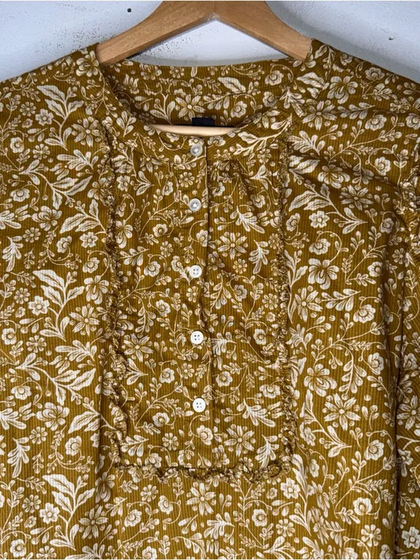 J CREW‎ Yellow Floral Puff-Sleeve Ruffle Peasant Blouse Medium AE263 - Image 3