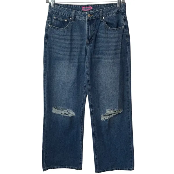 NEW Edikted Mid Rise Wide Leg Distressed Jeans‎ Color Indigo Blue Raw Washed M - Image 2