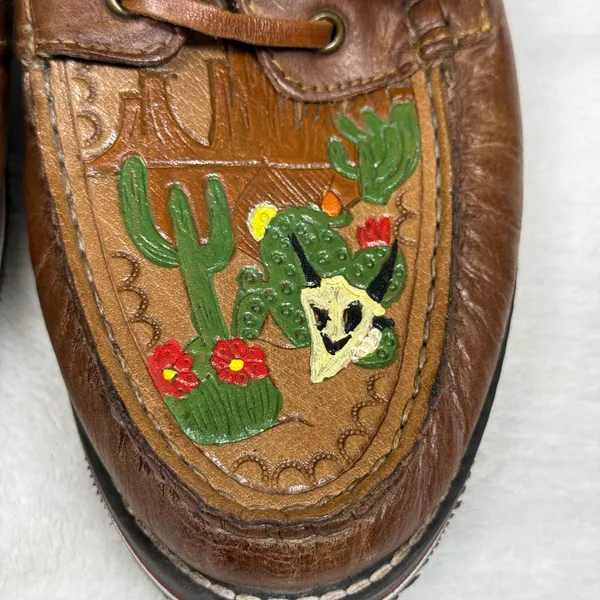 Roper Brown Leather‎ Hand Painted Cactus Skull Boat Shoes Moccasins 9 - Image 5
