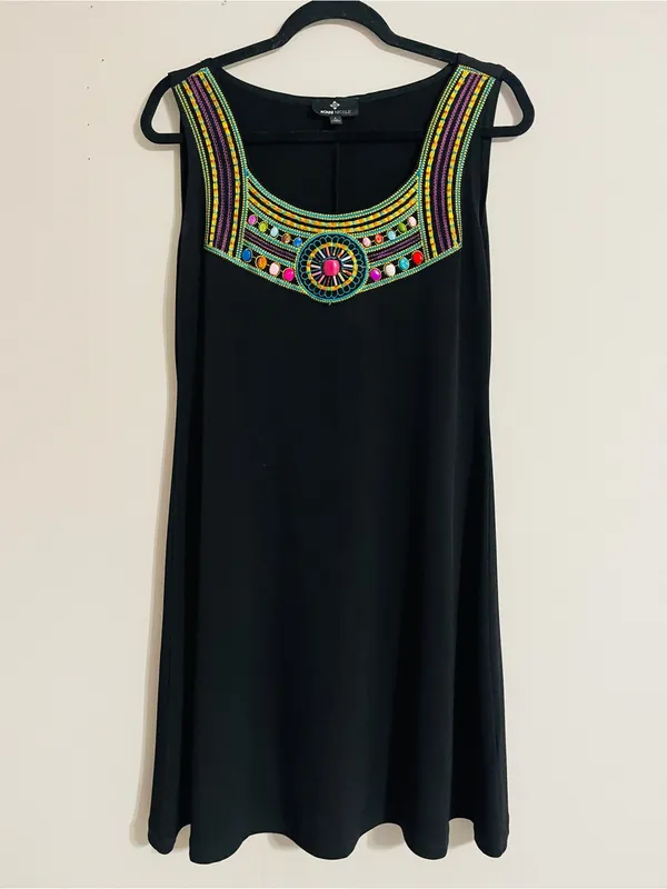 Vintage 90’s Ronni Nicole Black Boho Chic Sleeveless Mini Dress Beaded Neck Sz 8 - Image 2