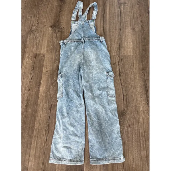 Vintage y2k Aerie Denim Cargo Overalls Light Wash Wide Leg Utility Dungarees S - Image 6