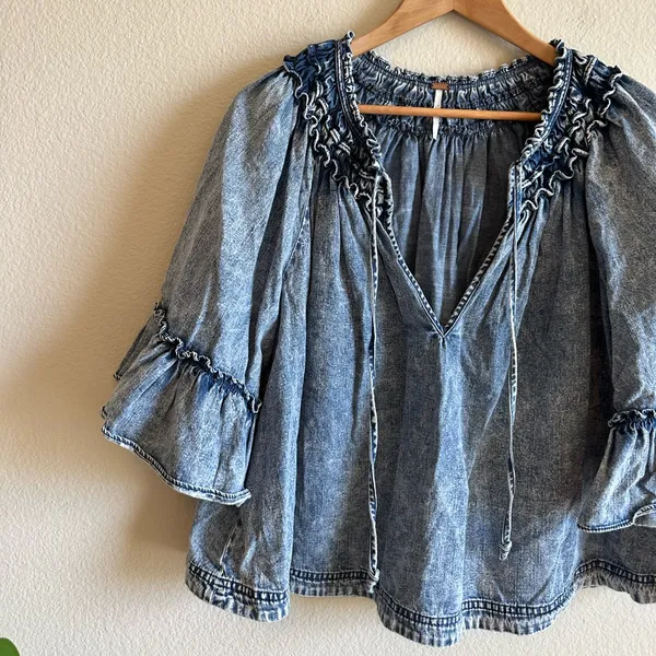 Free People Washed Denim Smocked Top - Image 4