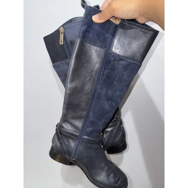 Tory Burch Lizzie Women's 7.5 Leather Knee High Riding Boot Zip Buckle Blue READ - Image 12