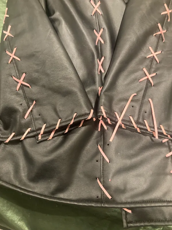 Delias by Dolls Kill Gothic Midnight In Paris Vegan Leather Coat with Pink Stitches - Image 2