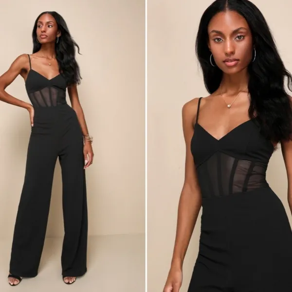 LULU's Sexy Chic Elegant Sheer Bustier Corset Black Wideleg Jumpsuit Pantsuit - Image 6