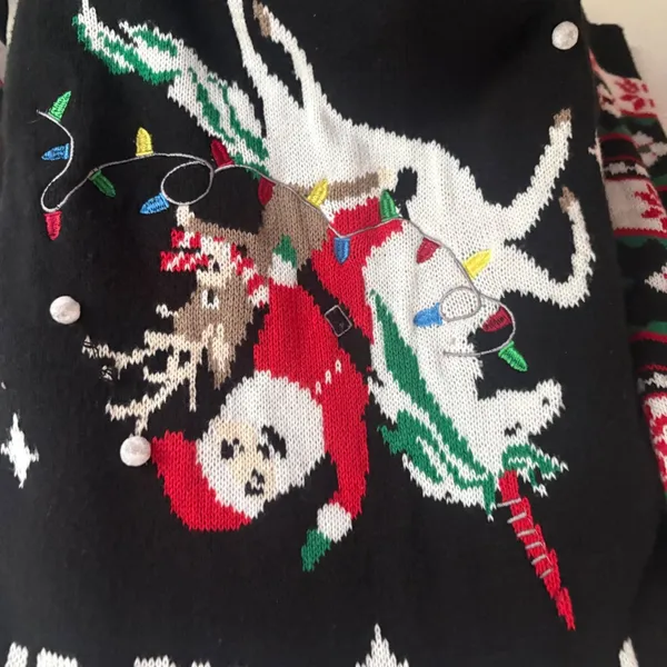 No Boundaries Black Santa Riding Unicorn Ugly Christmas Sweater Pom Poms Medium - Image 5
