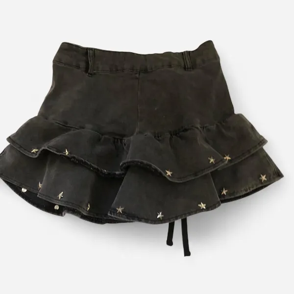 Social collision Gothic Grunge Black Grey Denim micro mini skirt sukapan bratz preppy dark academia white stars studded ribbon tie Measurement in pics - Image 5
