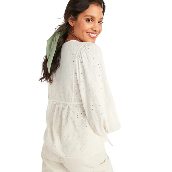 Old Navy Cream Embroidered Tie-Neck Blouse Balloon Sleeve Women’s Size L Peplum - Image 2