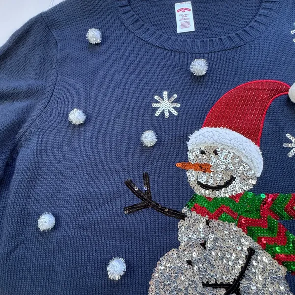 Holiday Time Snowman Sequin Ugly Christmas Sweater Womens 2X 20 Navy‎ White Poms - Image 5