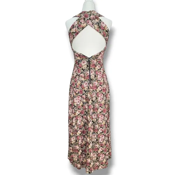 Vintage 90s All That Jazz Rose Floral Open Cross Back Maxi Dress Dark Romantic - Image 5
