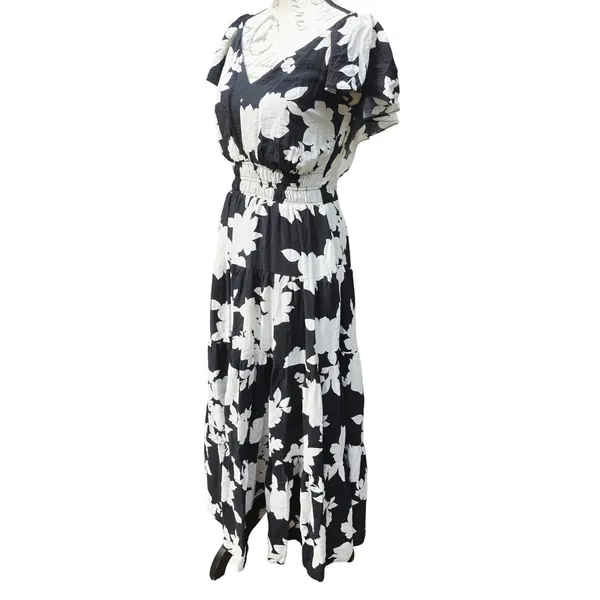 Rachel Zoe Black White Floral Smocked Waist Tiered Maxi Dress Short Sleeve Small - Image 3