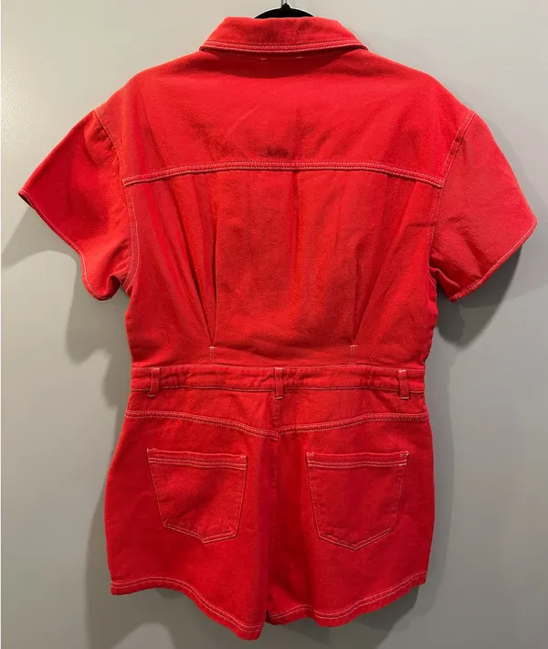 Peach Love Button-Down Red Denim Romper - Image 3