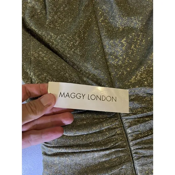Maggy London Dress Womens 4 Gold Metallic Chevron Ruched V Neck Sheath Midi - Image 11