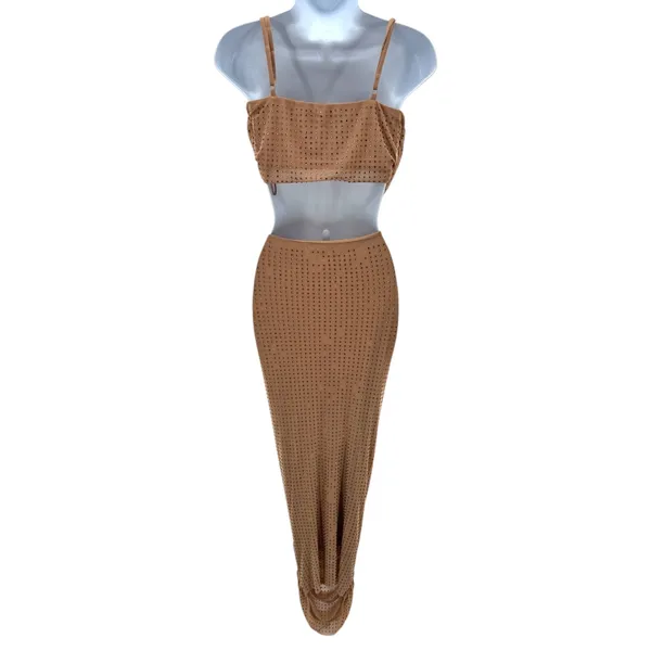 Amable by Mable Tan Rhinestone Mesh Two Piece Skirt‎ Set Party Cocktail - Image 7