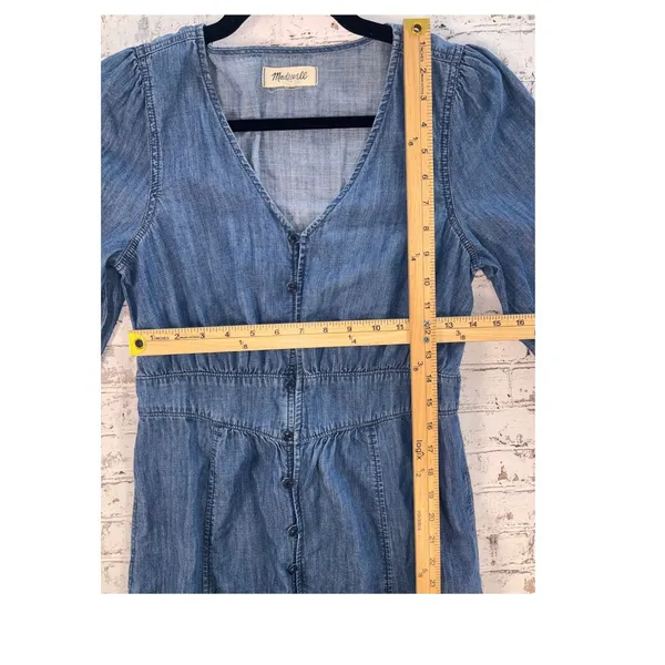 Madewell Denim Button Front Midi Dress Blue V-Neck Puff Sleeve Size 0 G7873 - Image 5