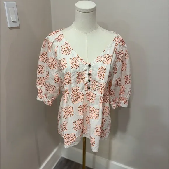Anthropologie Moglea Orange White Abstract Print‎ Puff Sleeve Babydoll Top XS - Image 3