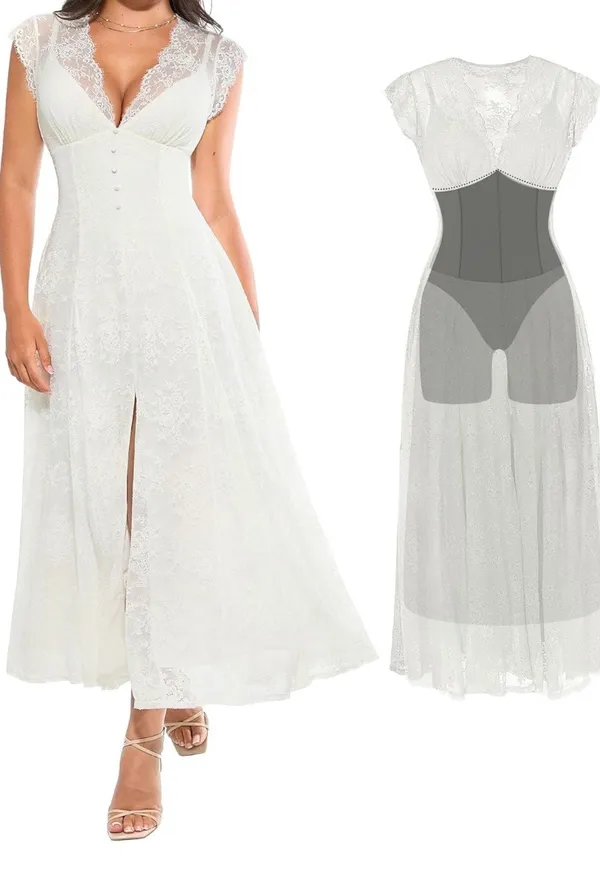 Popilush Lace Formal Sleeveless V Neck Maxi Shapewear Dress - Image 3
