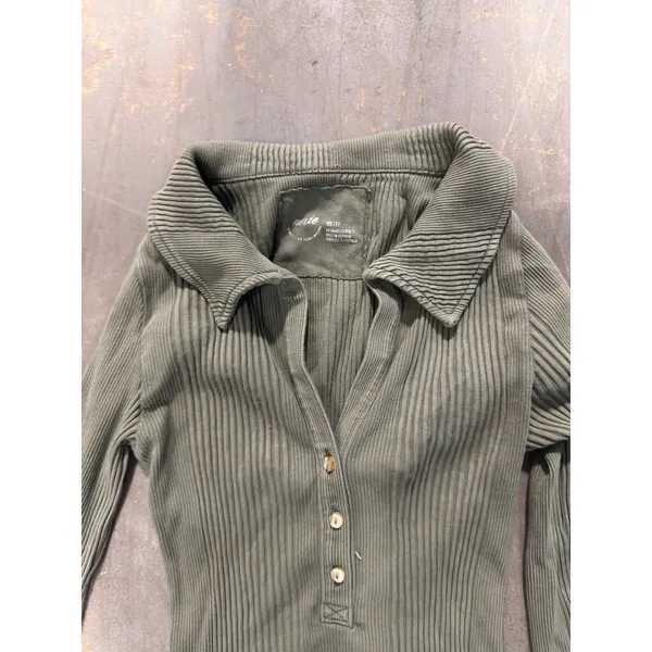 Aerie Womens Olive Green Ribbed Long Sleeve Henley Collar Top XS - Image 2