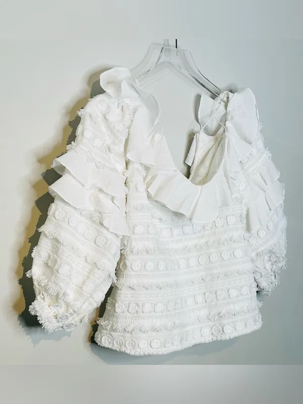 Alexis Damini White Off Shoulder Ruffle Long-Sleeve Fringe Blouse Shirt Top - Image 8