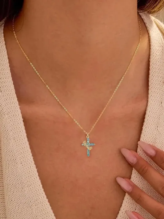 Gold-Tone Cross Pendant Necklace with Blue Crystal Accents - Image 6