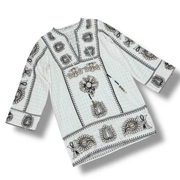 Zara Boho Embroidered Textured Cotton Tunic Shift Mini Dress White Tan Black XS‎ - Image 14