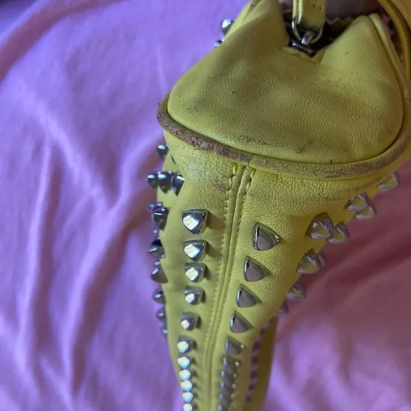 Tory Burch bag silver Studded green neonish leather with handle - Image 4