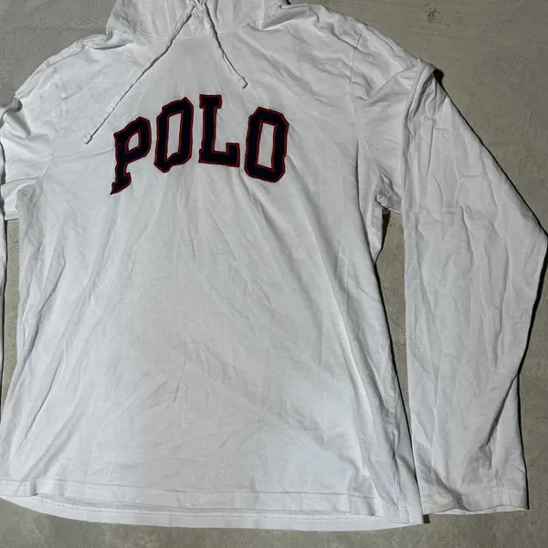 Polo Ralph Lauren Women's White Pullover Hoodie Big POLO Patch SZ L Lightweight - Image 3