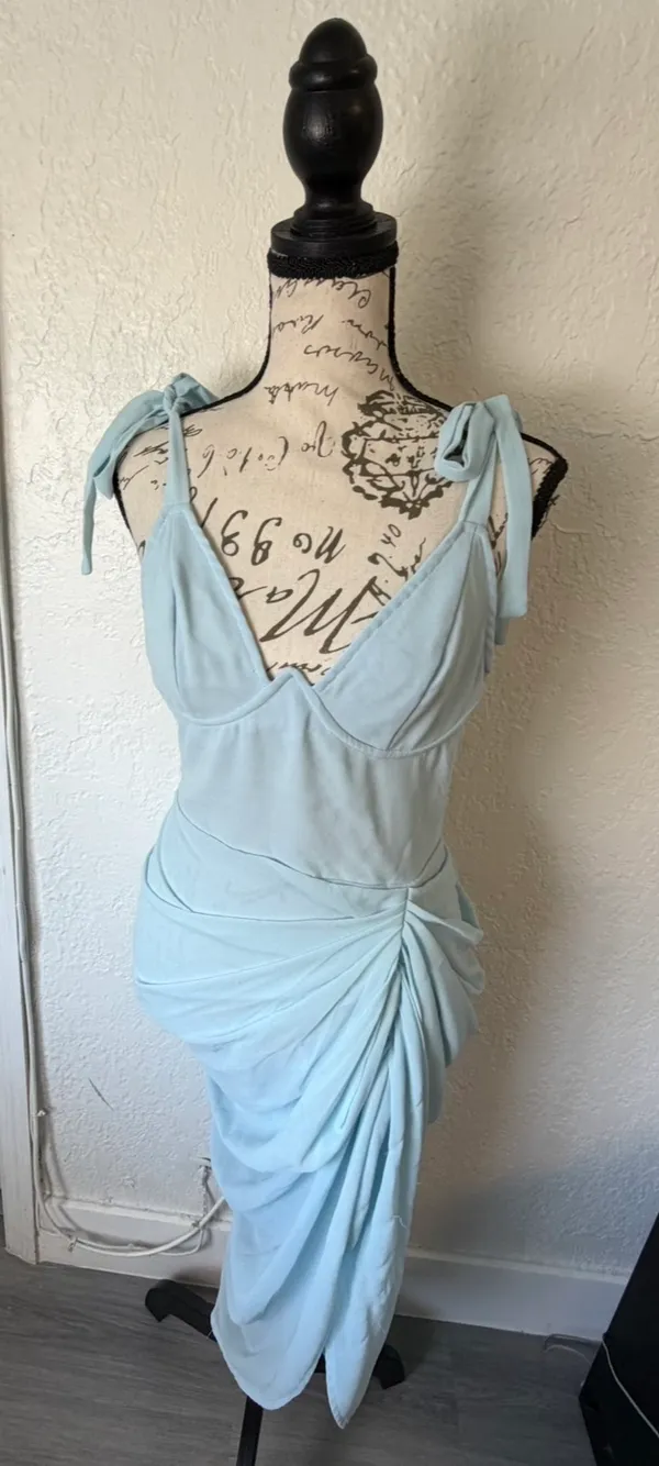 Pretty Little Thing Baby Blue Ruched Midi Dress | Romantic Wedding Guest Dress (US 2) - Image 4