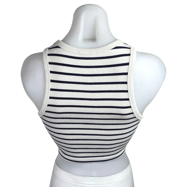 Zara White Black Striped Ribbed Knit Sleeveless High Neck Tank Crop Top Size S - Image 2