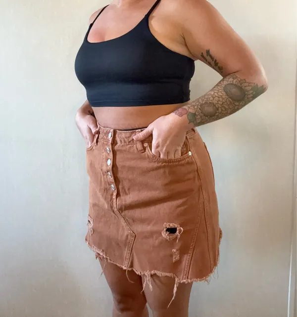 Free People We The Free Brown Distressed Denim Mini Skirt Button Front 31 - Image 2