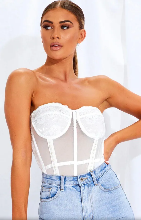White Mesh Pearl Detailing Corset - Image 2