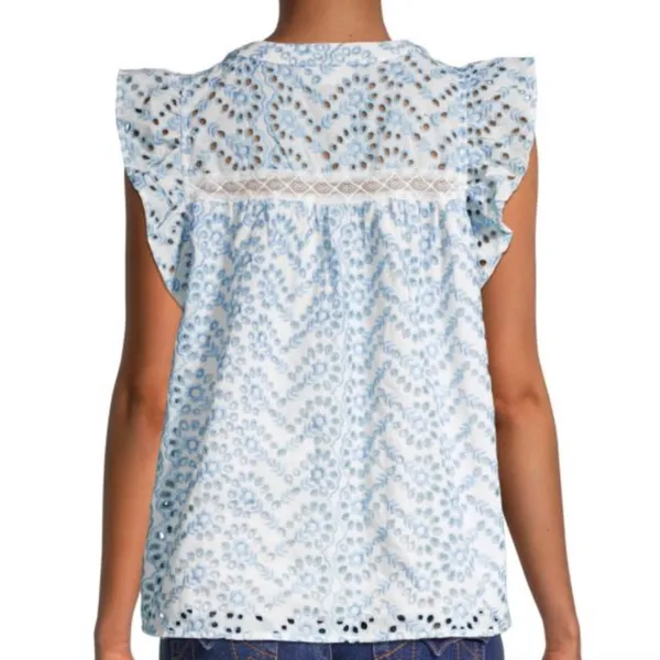 Floral Eyelet Embroidered Button-Up Blouse - Light Blue & White Sleeve - Image 4