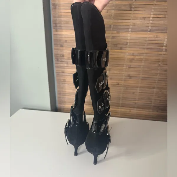 Jeffrey Campbell Seatbelt Black Suede Black Patent Buckle Heel Boots - Image 7