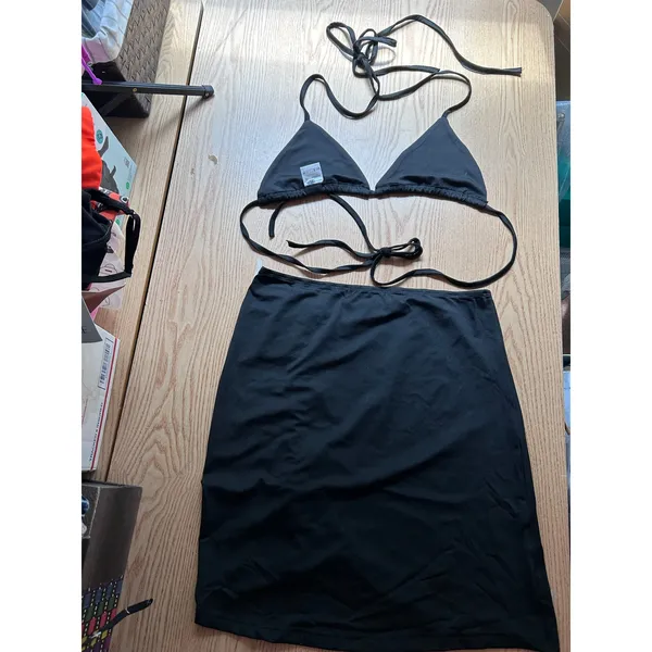 New AMI 2Pc String Bikini👙Top & Skirt Cover up Sarong Black fit Medium Large XL - Image 5
