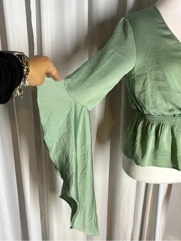 Express Sage Green Draped Bell Sleeve Wrap Top Size XS - Image 5