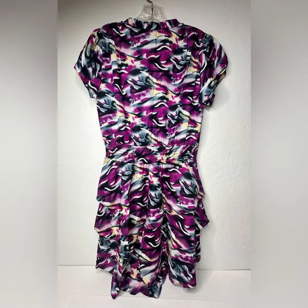 VERTIGO Dress Women’s Size Medium Blouson Flare Tiered Cinched‎ Purple Blue Work - Image 2