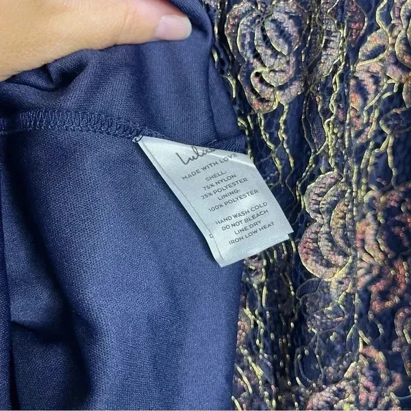 Lulus Tawny Navy Blue and Gold Metallic Lace Skater Dress Size Small NWT - Image 6